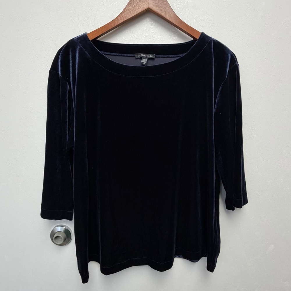 Eileen Fisher Blue Velvet 3/4 Sleeve Boat Neck Blouse S/P Minimalist Chic